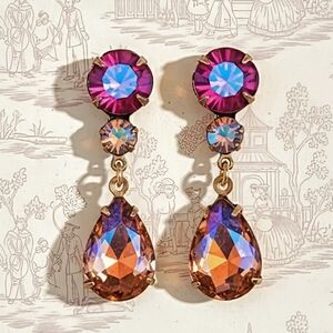 Fuchsia Frosted & Pink Rose AB Swarovski Crystals In Antique Gold Earrings
